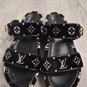 Louis Vuitton Black and White Monogram Velour Double-Strap Slides